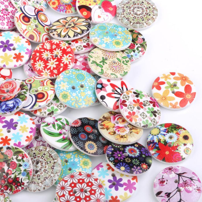 25mm Mixed Color Drawing Printing Flower Buttons for Sewing DIY Craft 100pcs