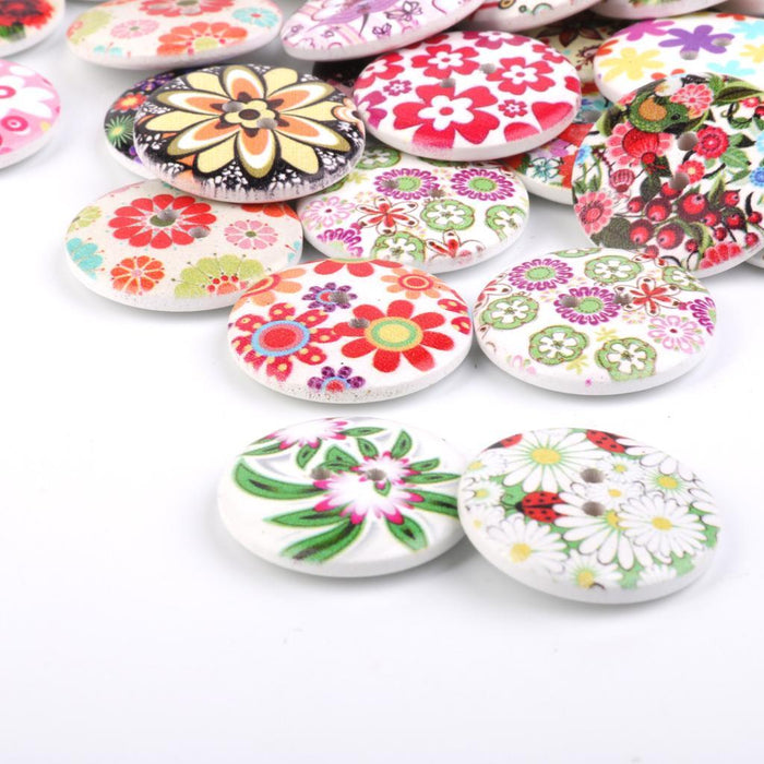 25mm Mixed Color Drawing Printing Flower Buttons for Sewing DIY Craft 100pcs