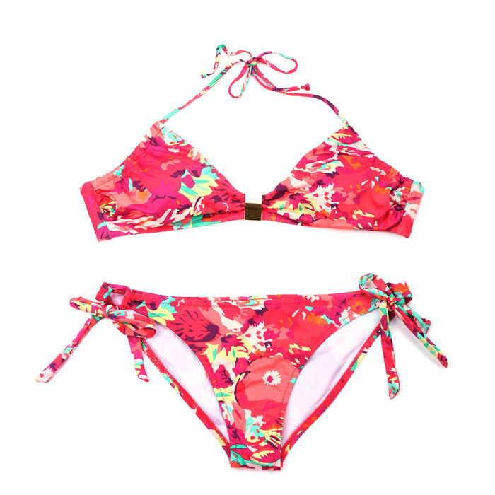 Crofta Women Girls Ladies Elastic Adjustable Halter Straps Floral Bikini Swimsuit Swimwear M Red