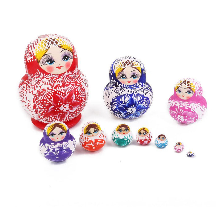 Crofta 10PCS Multi-Color Painted Wooden Girl Russian Nesting Dolls