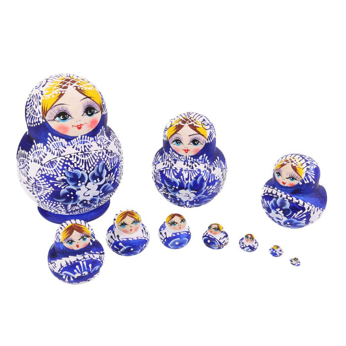 Crofta 10PCS Painted Flowers Wooden Russian Nesting Dolls