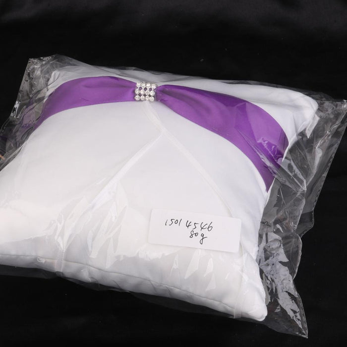 Wedding White Satin Ring Bearer Pillow Purple Ribbon & Diamante Decor