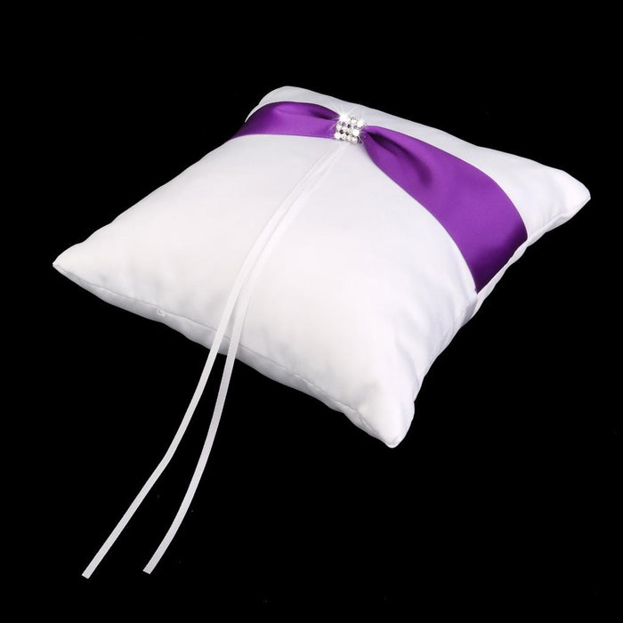 Wedding White Satin Ring Bearer Pillow Purple Ribbon & Diamante Decor