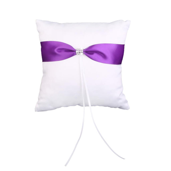 Wedding White Satin Ring Bearer Pillow Purple Ribbon & Diamante Decor