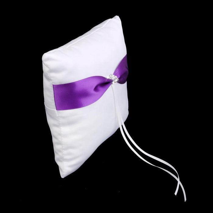 Wedding White Satin Ring Bearer Pillow Purple Ribbon & Diamante Decor