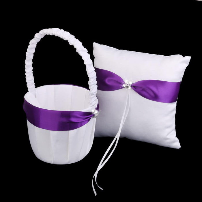 Wedding White Satin Ring Bearer Pillow Purple Ribbon & Diamante Decor