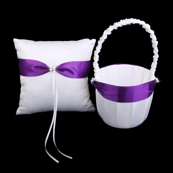 Wedding White Satin Ring Bearer Pillow Purple Ribbon & Diamante Decor