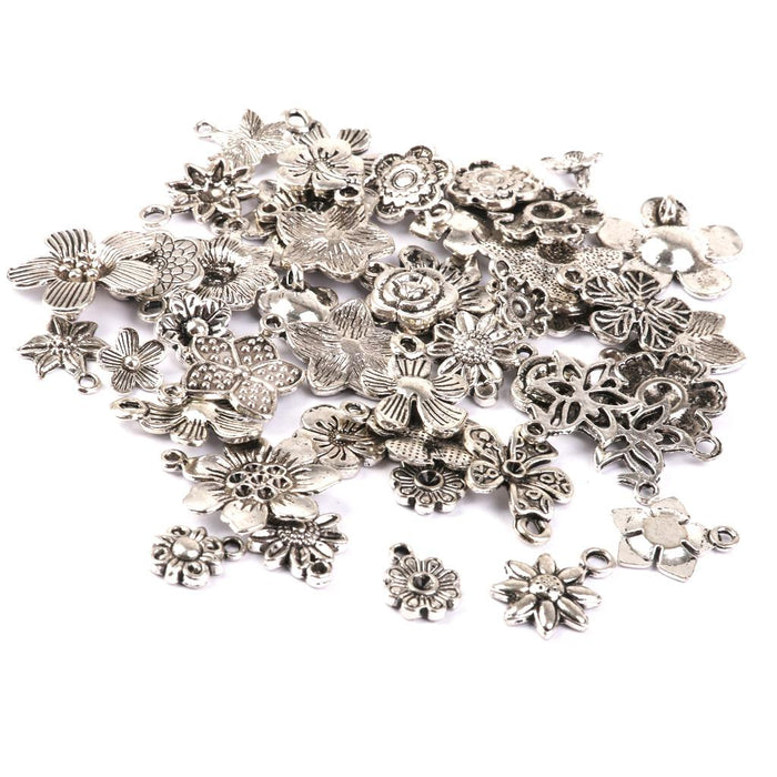 Crofta 100 Pieces Tibetan Silver Mixed Flowers Charms Pendant Beads Making Findings