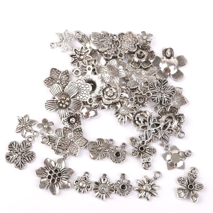 Crofta 100 Pieces Tibetan Silver Mixed Flowers Charms Pendant Beads Making Findings