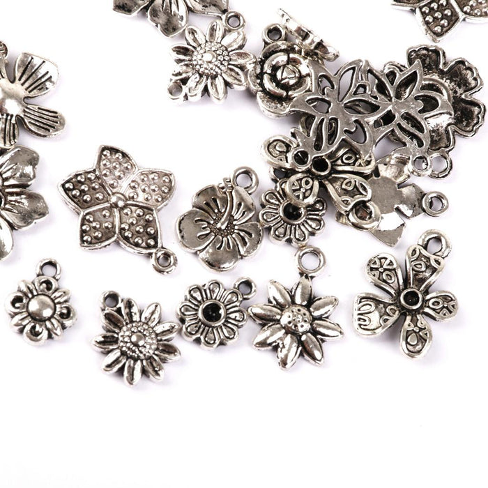 Crofta 100 Pieces Tibetan Silver Mixed Flowers Charms Pendant Beads Making Findings