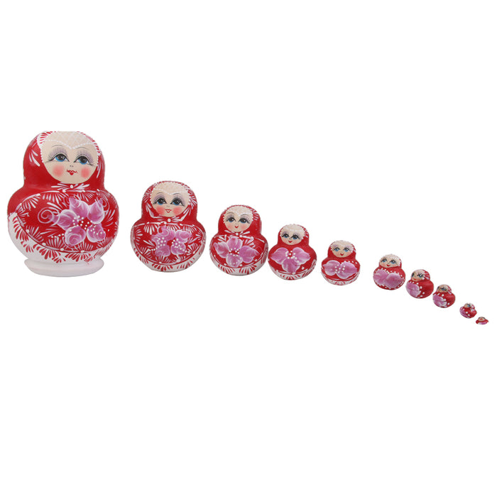 10PCS Painted Flowers Wooden Russian Nesting Dolls - Red