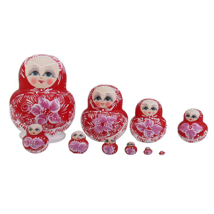 10PCS Painted Flowers Wooden Russian Nesting Dolls - Red