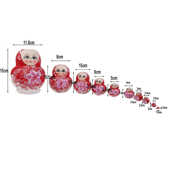 10PCS Painted Flowers Wooden Russian Nesting Dolls - Red