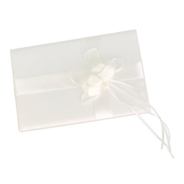 Wedding Elegant Ivory Guest Book with Satin Flower Faux Pearl Decoration