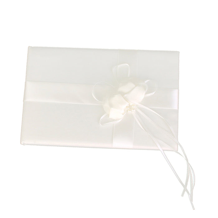 Wedding Elegant Ivory Guest Book with Satin Flower Faux Pearl Decoration