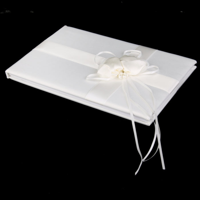 Crofta Ivory Satin Guest Book+Silver Love Signing Pen Wedding Party Decoration