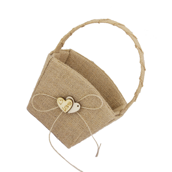 Vintage Hessian Burlap Flower Girl Basket With Wood Heart Wedding Ceremony