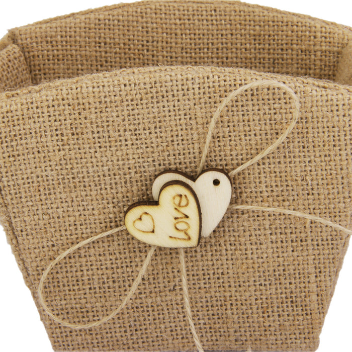 Vintage Hessian Burlap Flower Girl Basket With Wood Heart Wedding Ceremony