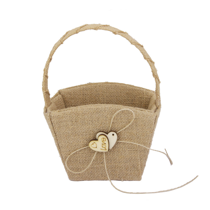 Vintage Hessian Burlap Flower Girl Basket With Wood Heart Wedding Ceremony