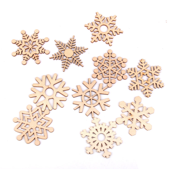 10pcs Assorted Snowflake Shapes Wooden Embellishment Xmas Tree Decor