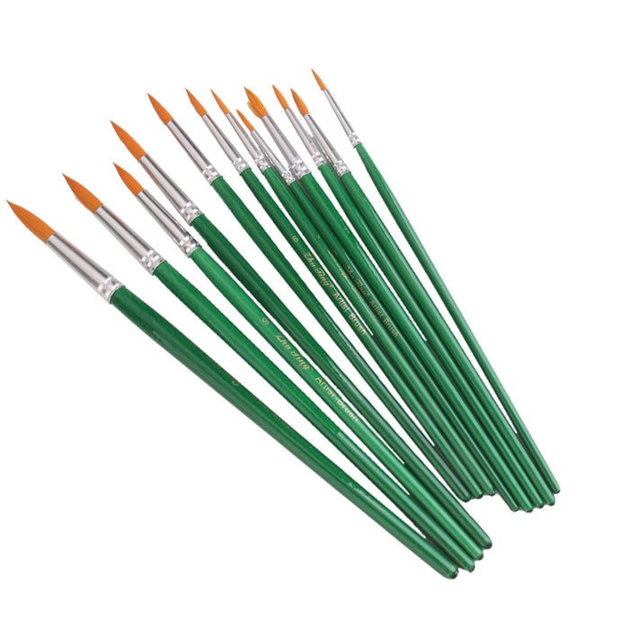 12pcs Assorted Size Artist Painting Round Brushes Set- Green