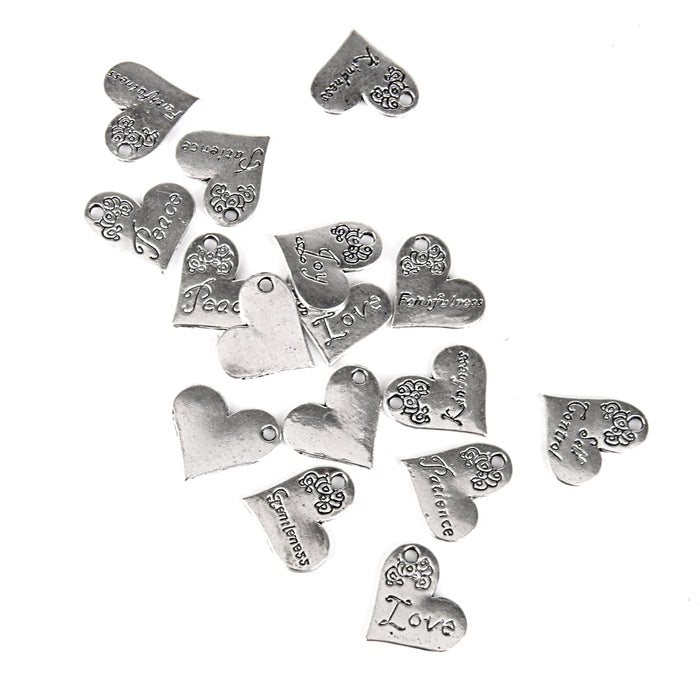 Crofta 16x Antique Silver Single Face Letter Carved Heart Pendant Charms 21 x 17mm