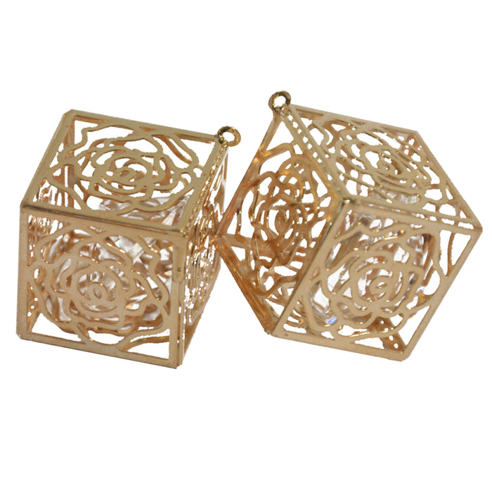 2pcs Fashion Gold Plated Brass Rose Cube Glass Rhinestone Pendants