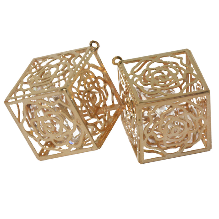 2pcs Fashion Gold Plated Brass Rose Cube Glass Rhinestone Pendants