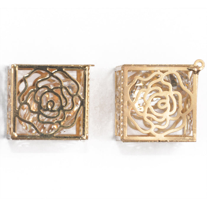 2pcs Fashion Gold Plated Brass Rose Cube Glass Rhinestone Pendants