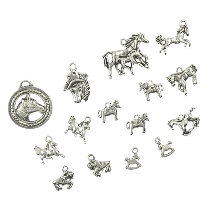 15pcs Alloy Silver Various Horse Shaped Charms Pendants Beads