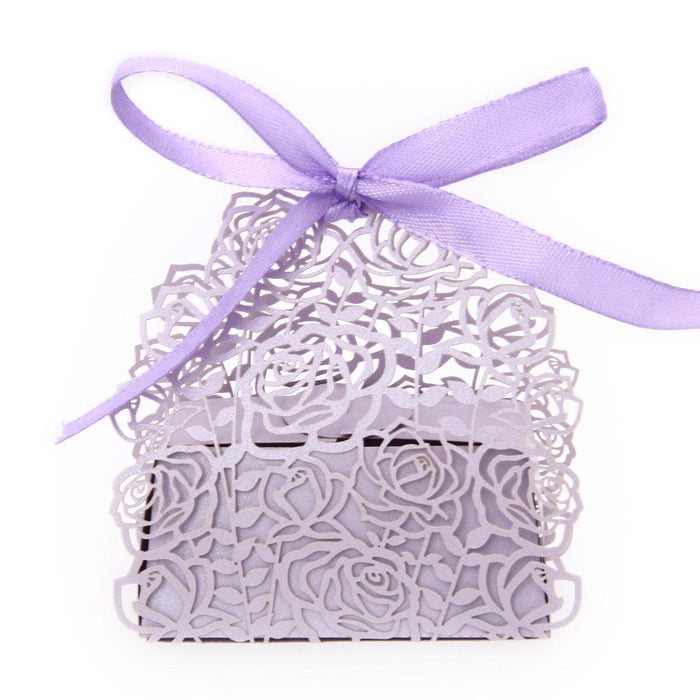 25pcs Purple Rose Design Candy Gift Box with Ribbon Wedding Favor Decoration