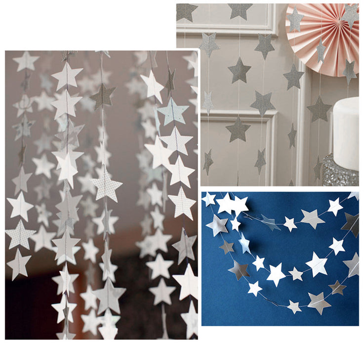 1x 4m Silver Paper Star Shape Hanging Ornament Garland Decoration-Small