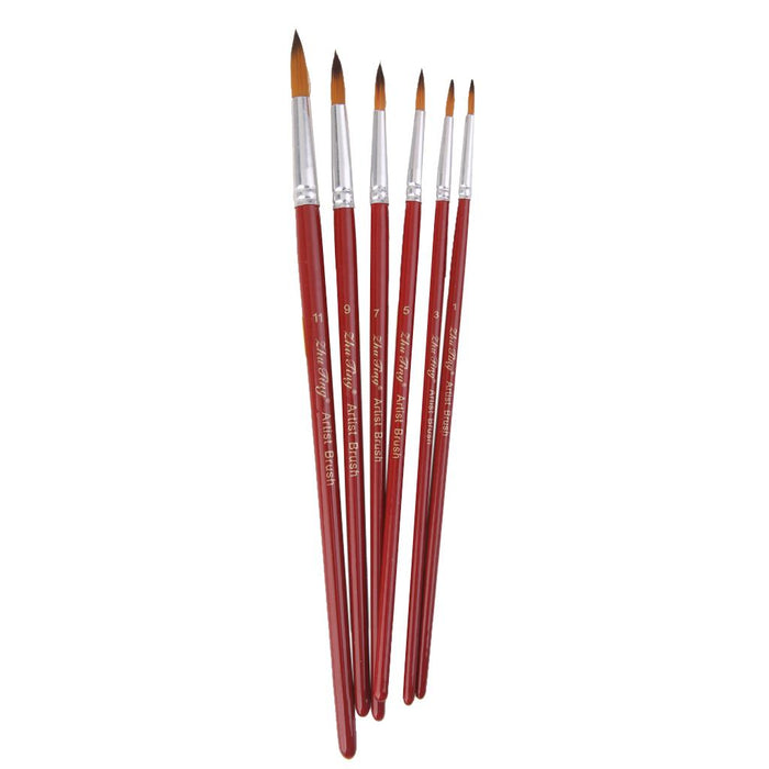 6pcs Assorted Size Artist Painting Round Tip Nylon Brushes-Dark Red