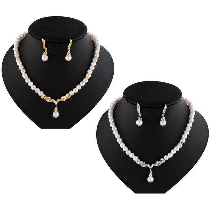 Crofta Women Elegant  Rhinestone Diamante Pearls Necklace Earring Set Wedding Birthday Party Supplies