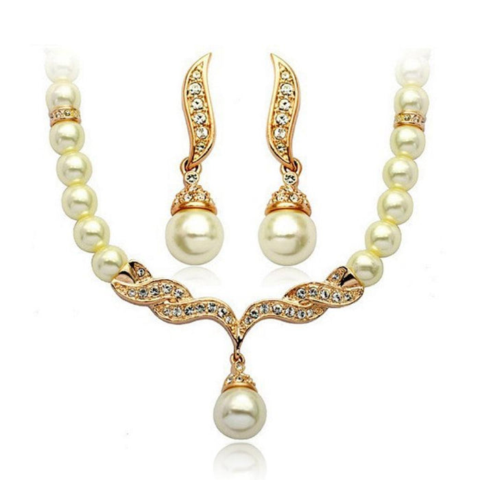 Crofta Women Elegant  Rhinestone Diamante Pearls Necklace Earring Set Wedding Birthday Party Supplies