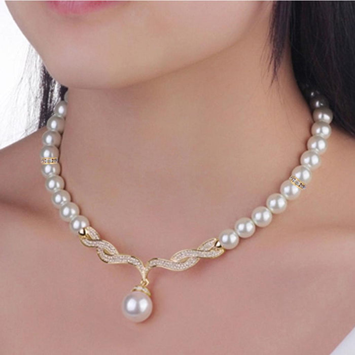 Crofta Women Elegant  Rhinestone Diamante Pearls Necklace Earring Set Wedding Birthday Party Supplies