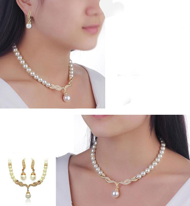 Crofta Women Elegant  Rhinestone Diamante Pearls Necklace Earring Set Wedding Birthday Party Supplies