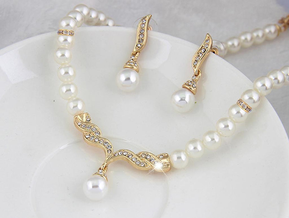 Crofta Women Elegant  Rhinestone Diamante Pearls Necklace Earring Set Wedding Birthday Party Supplies