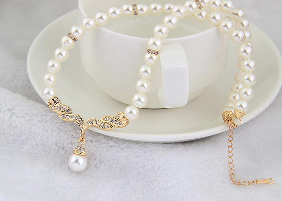 Crofta Women Elegant  Rhinestone Diamante Pearls Necklace Earring Set Wedding Birthday Party Supplies