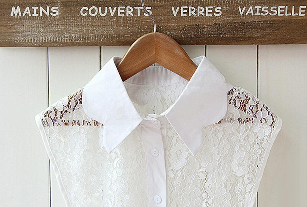 White Lace Floral Fake Wave Collar Detachable Half Shirt Blouse