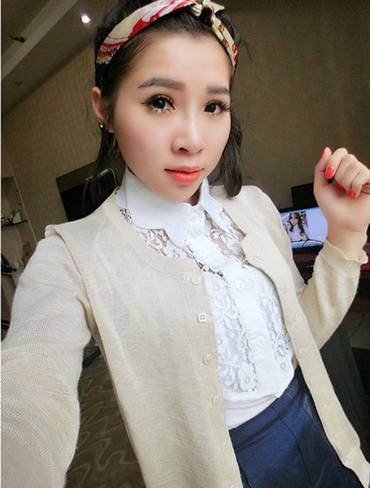 White Lace Floral Fake Wave Collar Detachable Half Shirt Blouse