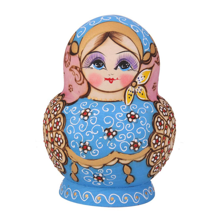 Crofta 10PCS Painted Flower Wooden Russian Nesting Dolls- Blue&Gold