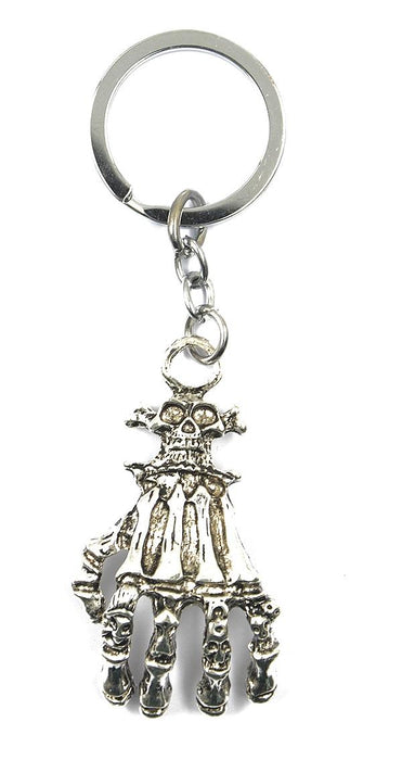 1pcs Round Silver Split Key Ring Key Holder w. Punk Skull Skull Hand Pendent