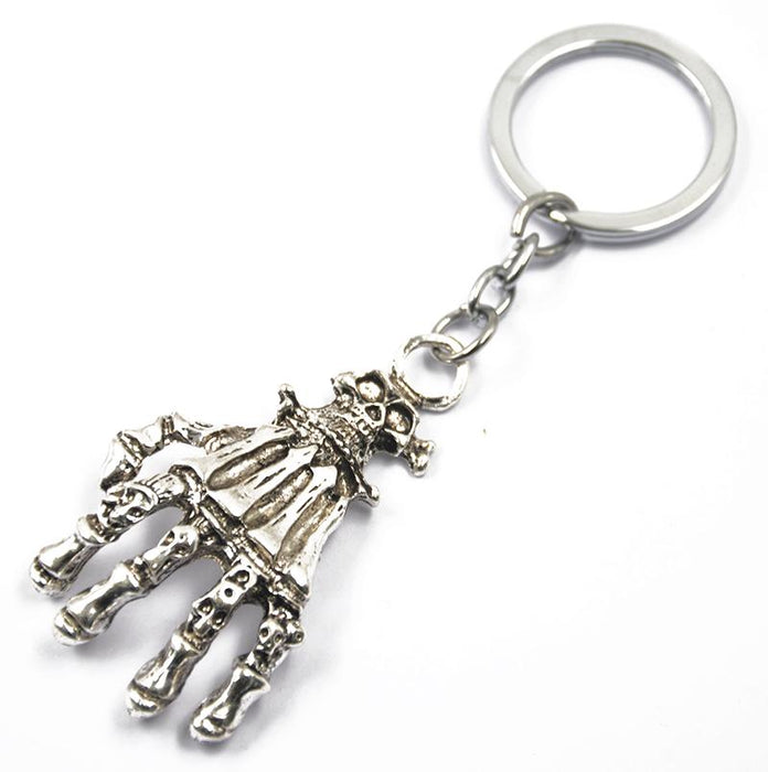 1pcs Round Silver Split Key Ring Key Holder w. Punk Skull Skull Hand Pendent