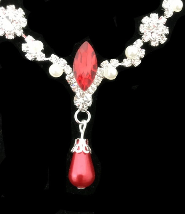 Wedding Bridal Jewelry Red Pearl Rhinestone Necklace Earrings Set