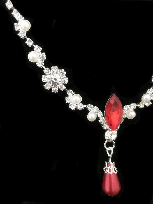 Wedding Bridal Jewelry Red Pearl Rhinestone Necklace Earrings Set