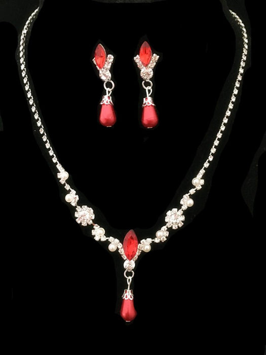 Wedding Bridal Jewelry Red Pearl Rhinestone Necklace Earrings Set