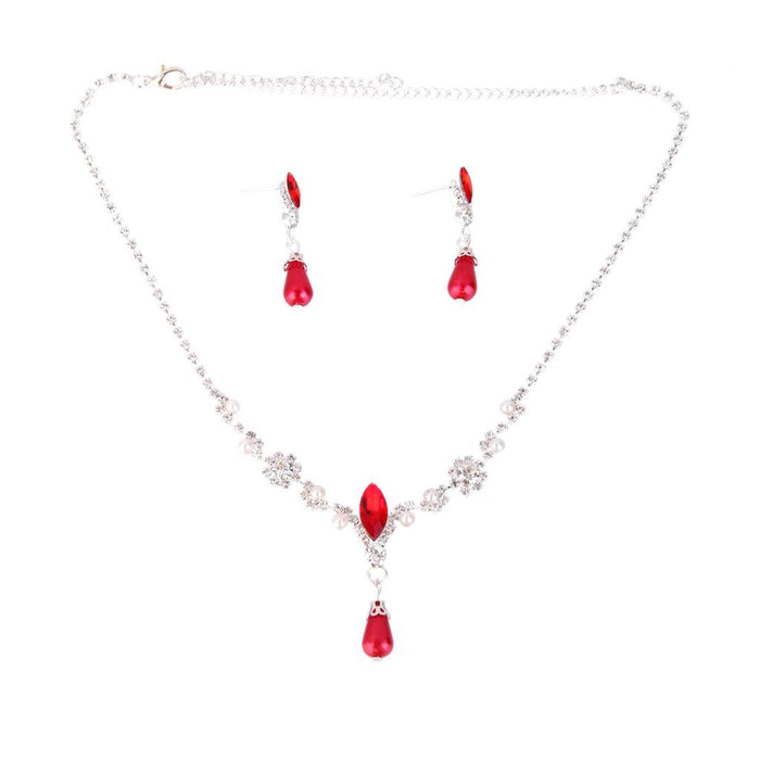 Wedding Bridal Jewelry Red Pearl Rhinestone Necklace Earrings Set