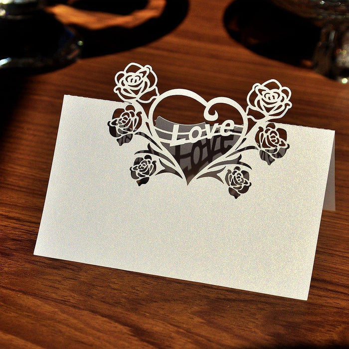 Crofta 50 Laser Cut Rose Heart Name Place Cards Wedding Christmas Table Cards White