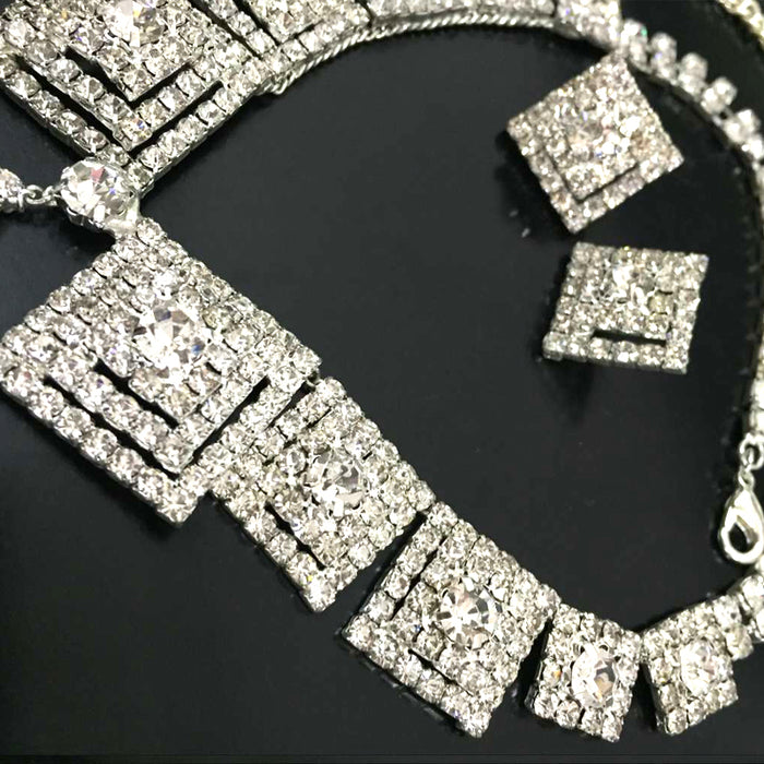 Wedding Bridal Rhinestone Crystal Jewelry Rhombus Shape Necklace Earring Set